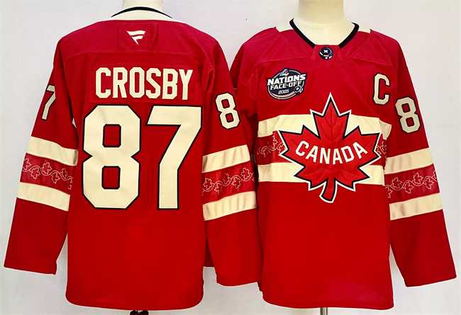 Men%27s Canada #87 Sidney Crosby Red 2025 4 Nations Face-Off Premium Stitched Jersey